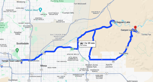 Map showing a route from Tempe Town Lake to Canyon Lake, with a travel time of 1 hour and 39 minutes.